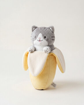 Cute Gray Kitten Banana Plushie Toy Isolated
