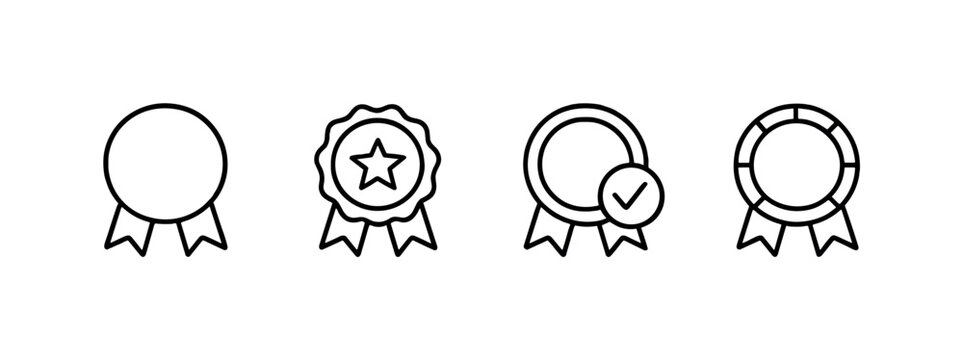 Minimal black outline award badge icons set with ribbon, star medal, verified seal, and circular rosette on a soft gray background for achievement concepts