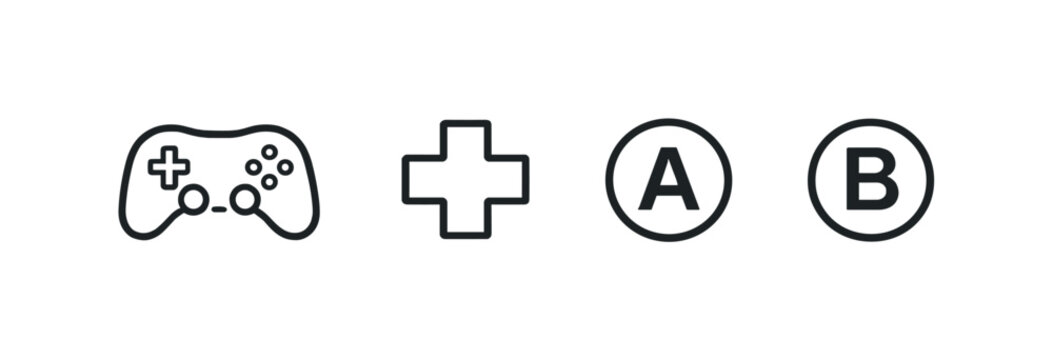 Minimal gaming concept illustration showing a game controller icon, plus symbol, and A and B buttons on a dark blurred background interface