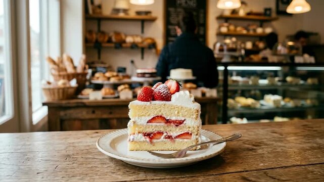 Delicious strawberry cream cake slice served on a plate with fork in a bakery
