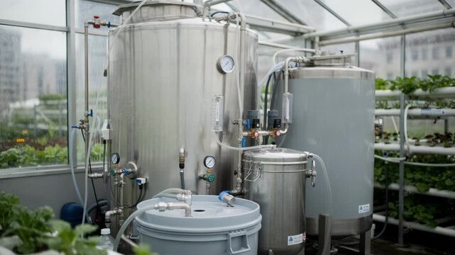Medium shot of urban farm liquid fertilizer storage with modern tanks mixing ecofriendly nutrient solutions under controlled conditions.