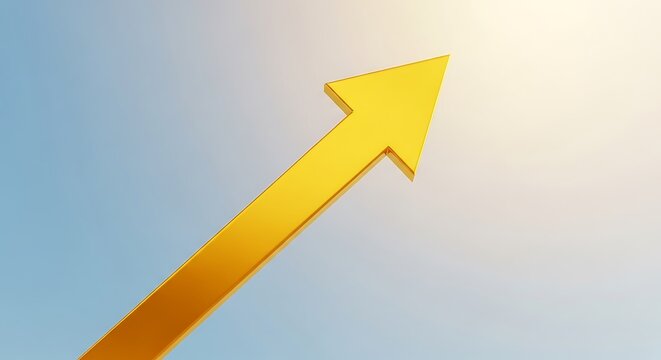 A vibrant yellow arrow pointing upwards against a clear blue sky background