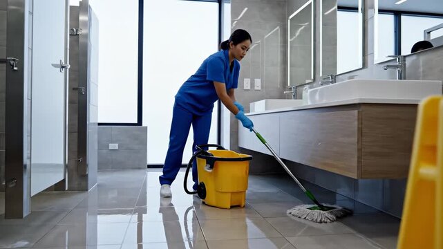 Asian woman cleaning modern bathroom mopping floor with safety cone for commercial janitorial services and hygiene