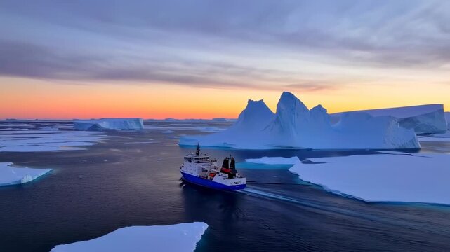 A vessel navigates icy waters beneath a pastel sky, with large icebergs in the background