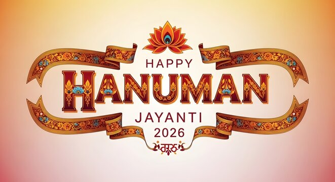 Happy hanuman jayanti 2026 celebration banner with decorative golden border and flame motif