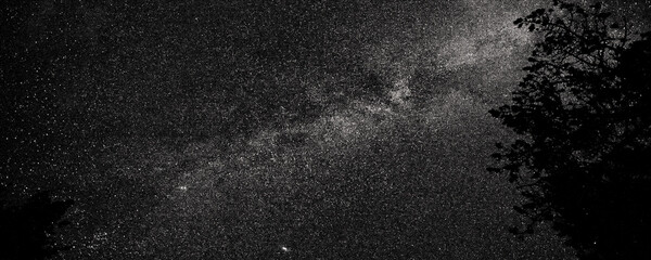 Fototapeta premium Night sky, nature and stars in universe, outer space and wallpaper with texture, galaxy and cosmic energy. Empty, banner and astronomy with dark matter, science and astrology for constellation