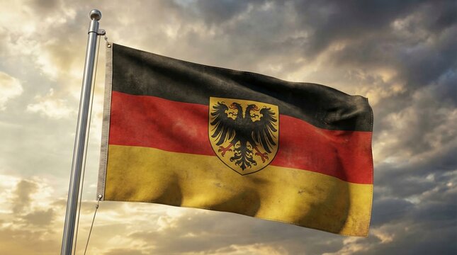 A close-up of a German flag with a black double-headed eagle emblem in the center waving against a dramatic sky with dark clouds and shafts of sunlight