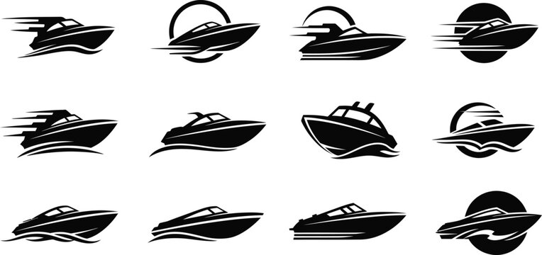 Collection of speedboat and jet ski icons in various angles and styles