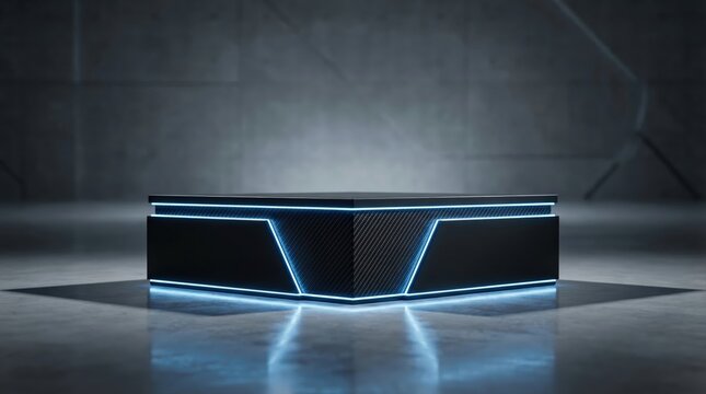A futuristic black podium with glowing blue neon lights and carbon fiber texture on a polished concrete floor in a dark industrial setting a modern display platform
