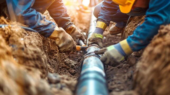 Construction worker installing corrugated drainage pipe in an excavation trench for underground utility and water management infrastructure repair.