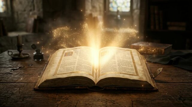 Ancient glowing book emanates magical light and golden particles on wooden table in dimly lit chamber