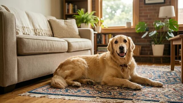 Golden retriever dog resting comfortably on an ornate rug in a cozy living room