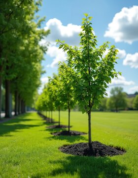Young trees in a neat row on a green lawn with mulch around their bases. A perfect blue sky with white clouds above the park scene. Lush foliage thrives in the bright sunlight.