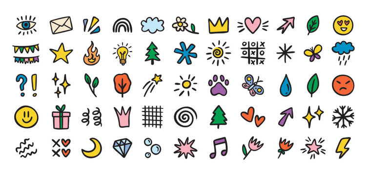 Cute mini doodle icons for primary school, smiles and symbols, colorful, hand drawn
