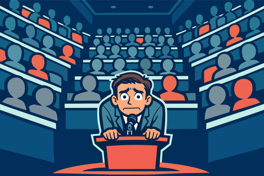 Man standing at a podium feeling nervous and anxious while giving a presentation to a large audience in an auditorium