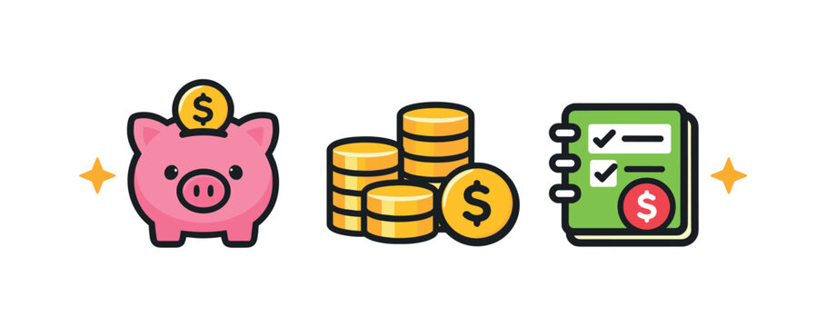 Illustration of piggy bank savings, stacked coins, and budgeting checklist notebook icons showing personal finance, money management, and expense tracking