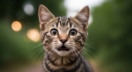 Obraz premium A curious brown tabby cat with green eyes looks directly at the camera in a natural outdoor setting with blurred greenery.