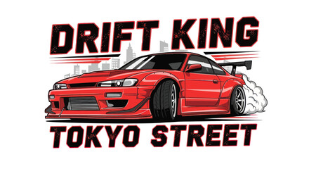 Red Drift Car Performing Tokyo Street Race, Urban City Skyline Background, Dynamic Action © dira