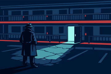 Fototapeta premium Detective standing in a dark motel parking lot, trench coat figure facing a glowing open doorway, symbolizing investigation and danger