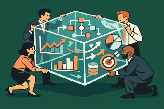 Business team collaborating on data analysis, visualizing financial strategy, and working with process flow automation for growth