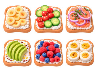 Fototapeta premium 3D set of healthy breakfast toasts with various toppings including avocado, berries, eggs, banana, salmon, and cucumber, 3D icon healthy food, healthy menu, 3D toast