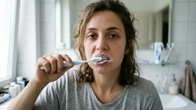 Young woman brushing teeth with toothpaste and toothbrush in a bright bathroom sink area