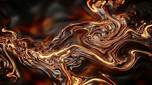 Fluid molten metal abstract background with swirling patterns and golden highlights