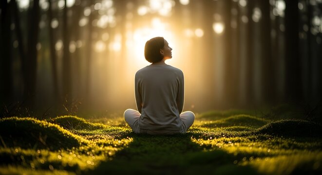 Serene Woman Meditating in Forest Sunlight