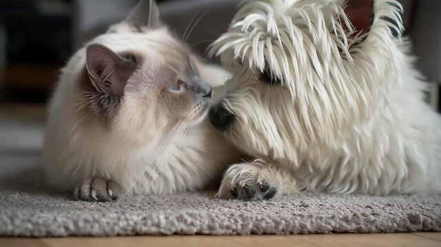 Soft balanced minimalist space showing a Birman Cat and West Highland White Terrier Dog, Cute cat and dog rest side by side. Blue eyes and fluffy fur highlight their calm nature. Soft carpeting frames