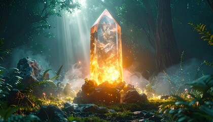 Fototapeta premium Radiant crystal obelisk glows amidst lush forest, bathed in sunlight