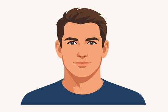 Young man smiling avatar portrait with brown hair, front view vector illustration for user profile or app icon