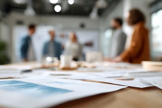 Printed charts on table foreground. Group of people discussing data in meeting room. Community sustainability seminar, local initiative discussion, environmental planning session