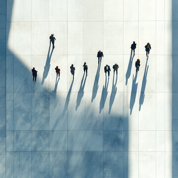Aerial view high angle city square long shadow walking people urban scene minimalism sunlight modern architecture geometric pattern group crowd pedestrian silhouette concrete outdoor daytime top