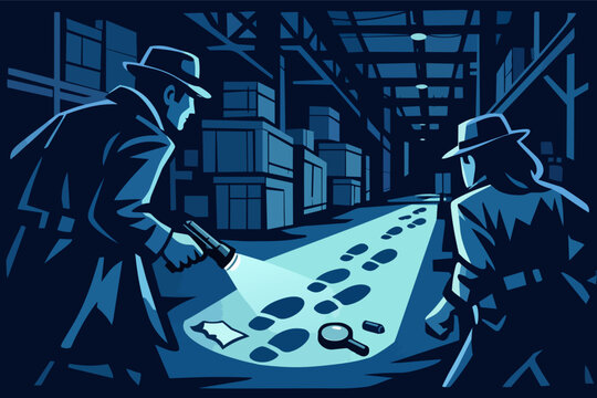 Detectives investigating crime scene in a dark warehouse, following footprints and searching for clues with a flashlight