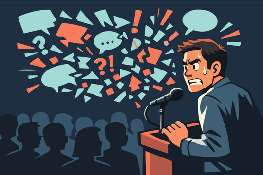 Man experiencing public speaking anxiety and fear of criticism while addressing a questioning and critical audience