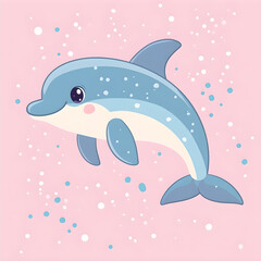 Obraz premium Cute cartoon dolphin swimming in pink water
