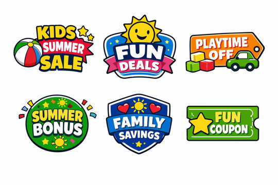 Kids summer sale and fun deals stickers, family savings and playtime coupons