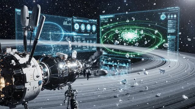 Futuristic space station analyzing asteroid field data through holographic displays in orbit around a distant planet