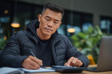 Obraz premium Asian male accountant in black jacket calculates financial data using a calculator while writing notes in a notebook at a modern workspace with greenery in the background