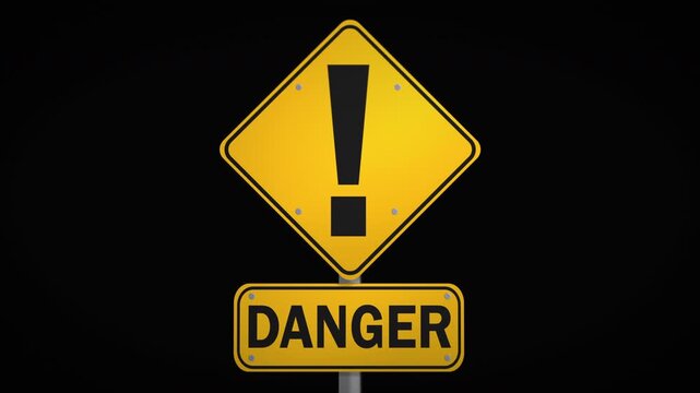High contrast yellow warning sign with bold exclamation mark and danger label isolated on deep black background, symbolizing risk, alertness, and hazard awareness in minimal style