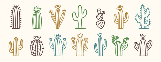 Collection of doodle wild west cactus icons in minimal desert style, hand drawn cacti © Yanka