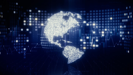 Obraz premium Futuristic global financial data visualization, world map and digital globe with candlestick chart, stock trading analytics, forex market dashboard, fintech infographic, big data interface
