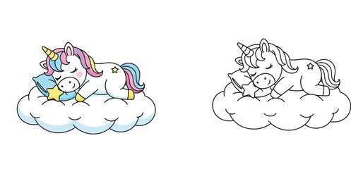 Cute Unicorn Sleeping on a Cloud Coloring Page and Color Version for Kids, Fantasy Magic Animal Vector Illustration with Pillow and Star for Bedtime Story and Creative Nursery Art © MMONIR