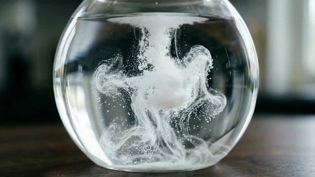 White powder dissolving in clear water in a round glass container creating swirling patterns