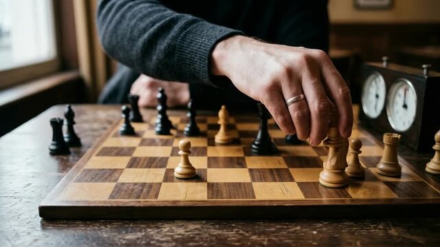 Close-up of a man's hand moving a knight on a wooden chessboard with a timer in the background.