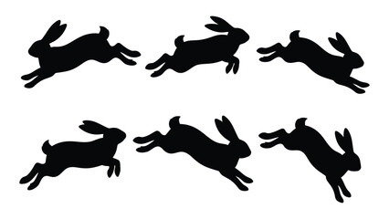 Fototapeta premium Six silhouettes of rabbits in mid leap showcasing dynamic movement and form