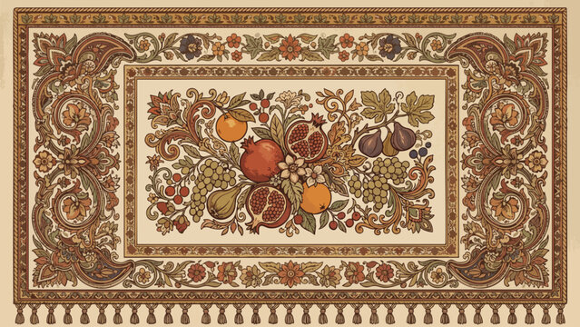 Richly Detailed Traditional Tapestry Design with Abundant Fruit Medley, Ornate Paisley Borders, and Decorative Tassels