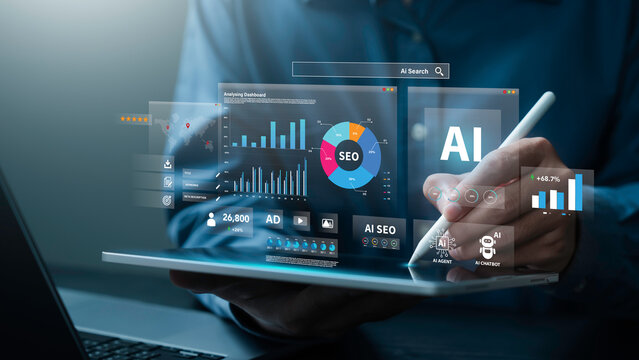 Businessman analyzes data using AI technology to work with tools, AI seo, search, Chat bot, smart robot technology and artificial intelligence concept. AI agent and workflow automation