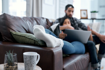 Fototapeta premium Relax, rest or couple on tablet in lounge for movie choice, online subscription and streaming website. Man, woman and break with technology for bonding, internet search and film or social media