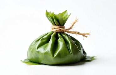 Naklejka premium This is a single zongzi, a traditional Chinese rice dumpling wrapped in green leaves and tied with twine. The food rests on a white background, ready for a festival.